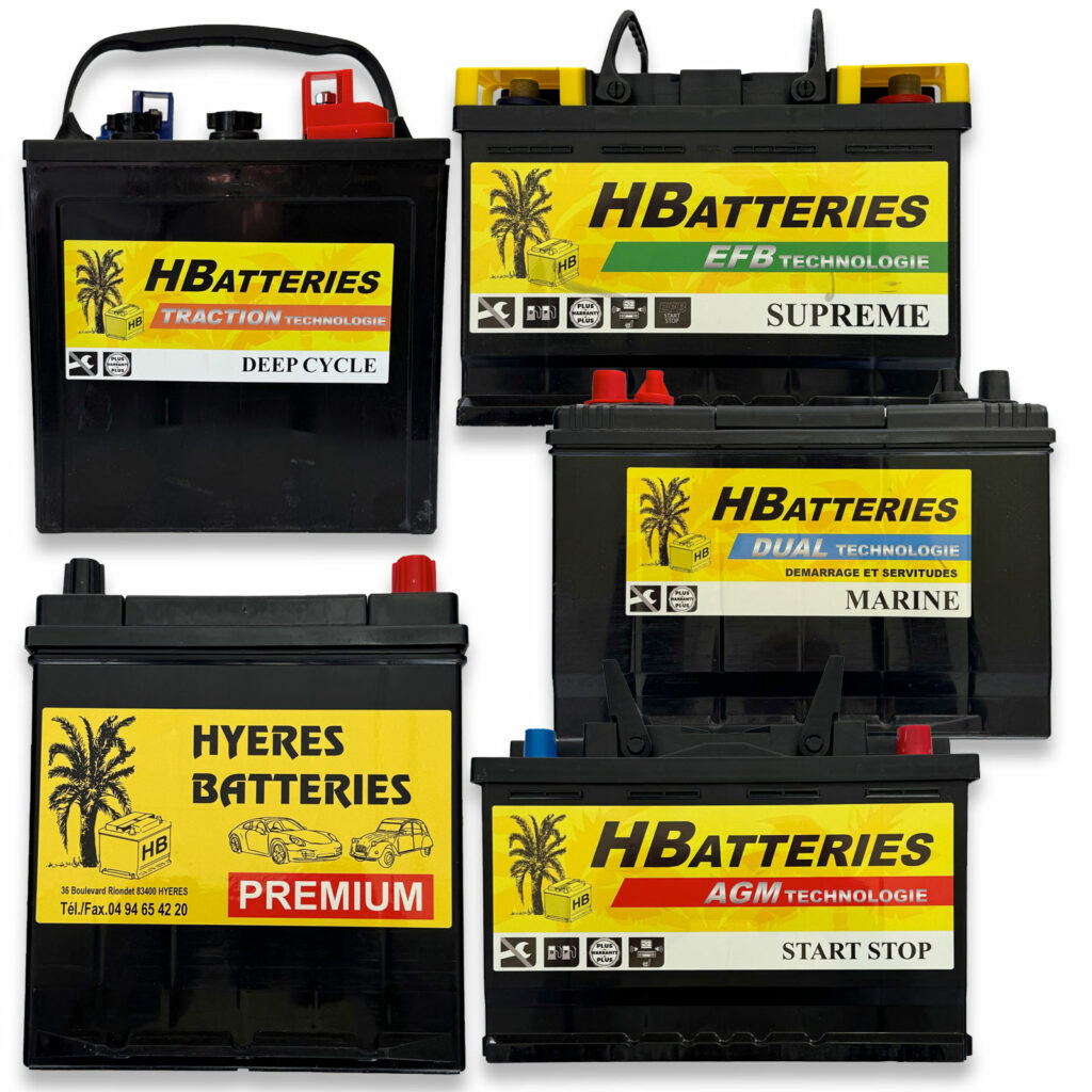 Fournisseur de batteries auto, moto, PL, marine dans le Var 5 types de batteries de la marque Hyères Batteries : EFB technologie, Marine Dual technologie, AGM technologie, Premium et Deep Cycle